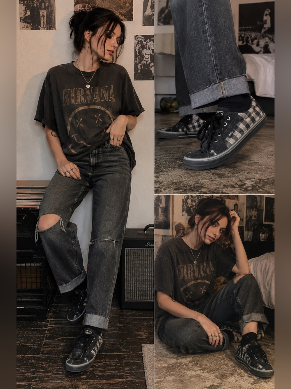 Vans Black Gray Plaid Low Top Sneakers Women’s Size 8 Skater Grunge